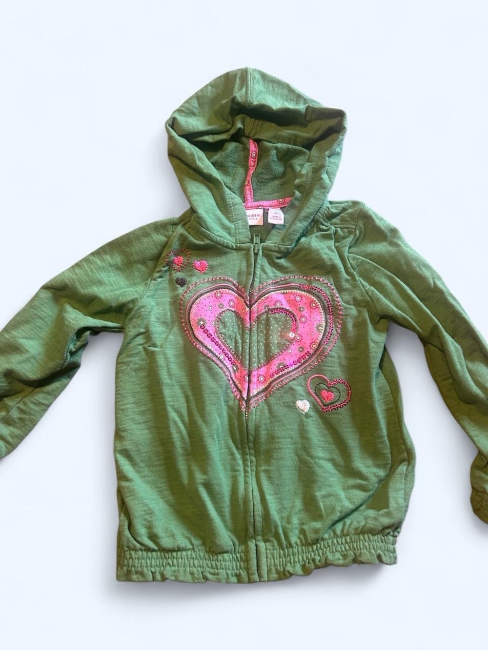 Sonoma Green Hoodie with Pink Heart Design